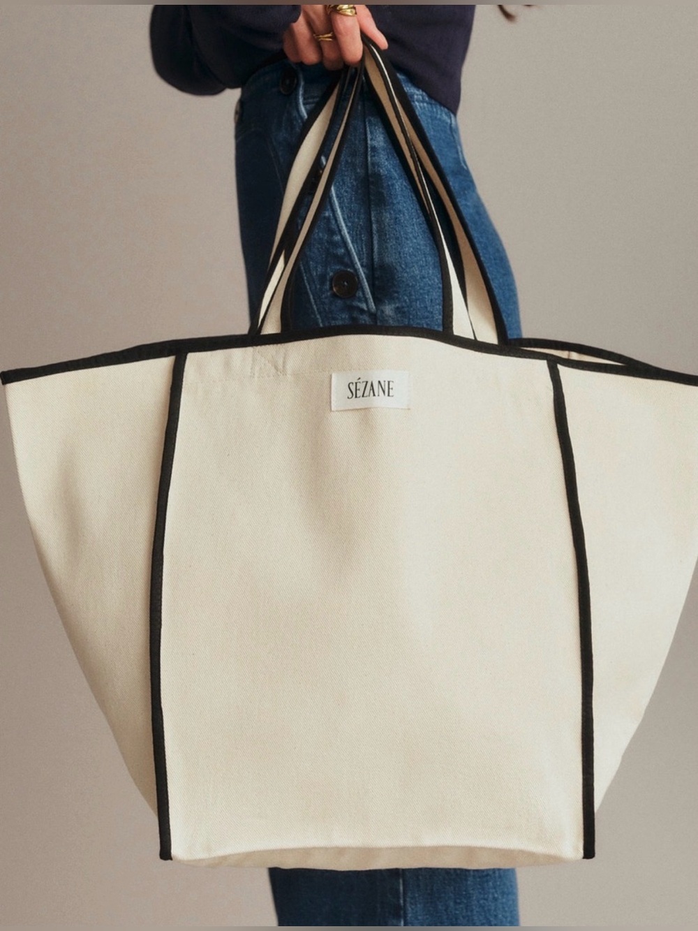 Sézane Cream Canvas Tote with Black Trim